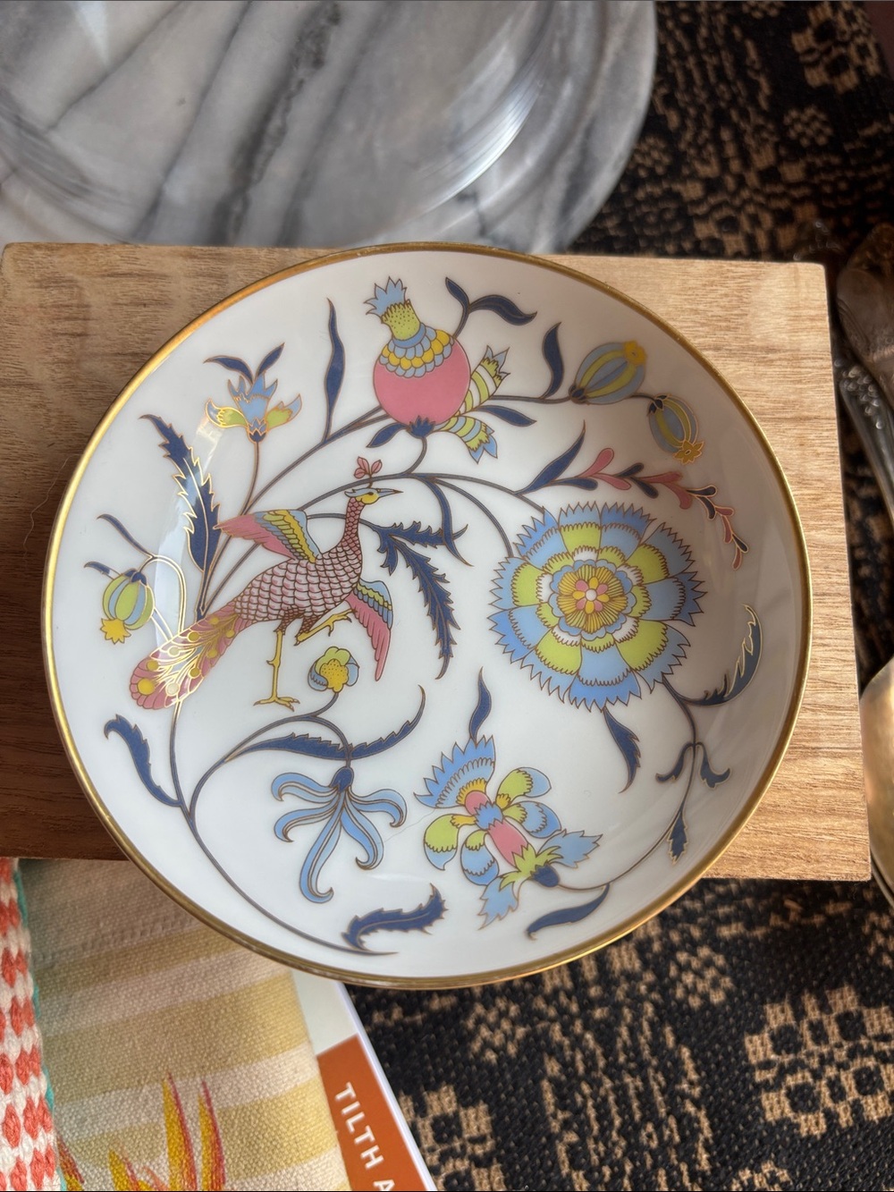 Floral Peacock Porcelain Trinket Dish with Gold Rim- Germany